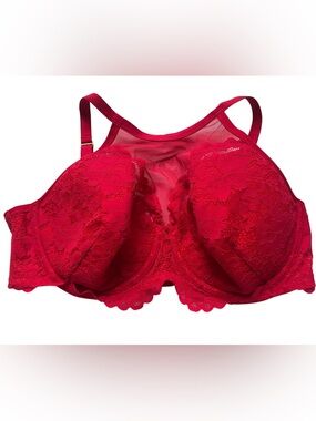 Cacique Lightly Lined High Neck Balconette Underwire Bra 40DD Red Lace